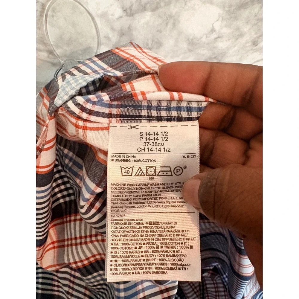 Banana Republic Plaid‎ Button Down Shirt Navy Orange 100% Cotton Long Sleeve S